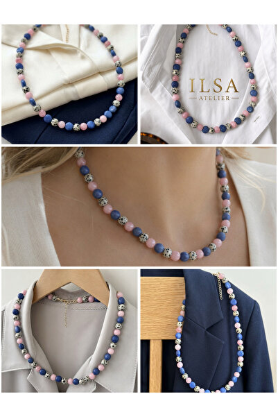 ILSA Pink Quartz Natural Stone Necklace - with Navy Blue Howlite and Dalmatian Jasper Beads |   Portofino