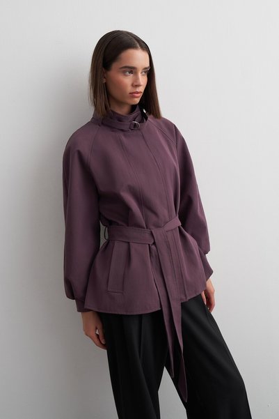 KADRİYE BAŞTÜRK High Collar Medium Length Trench Coat Plum