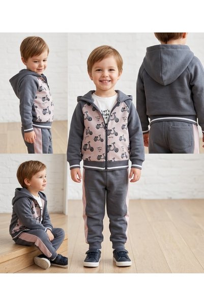 CHACHA KIDS Erkek Çocuk Scooter Desenli Kapüşonlu Hırka Sweatshirt ve Yan Şer...