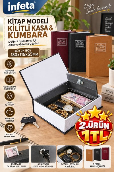 İnfeta 180x115x55 mm Büyük Boy Kitap Görünümlü Anahtarlı Kilitli Metal Kasa Kumbara