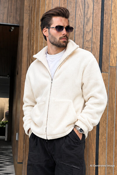 Madmext Ecru Double Zipper Stand Collar Plush Men's Jacket E7193