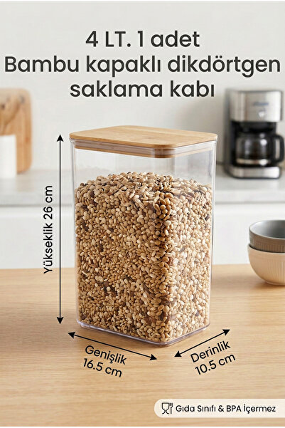 Nandy Home 4 L Bambu Kapaklı Dikdörtgen Saklama Kabı Şeffaf Erzak Kabı
