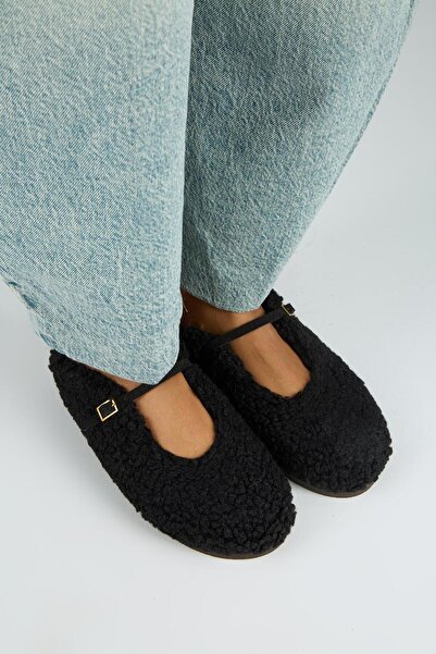 Manijero Rirta Women's Tedy Flat Elegant Buckle Black Slippers
