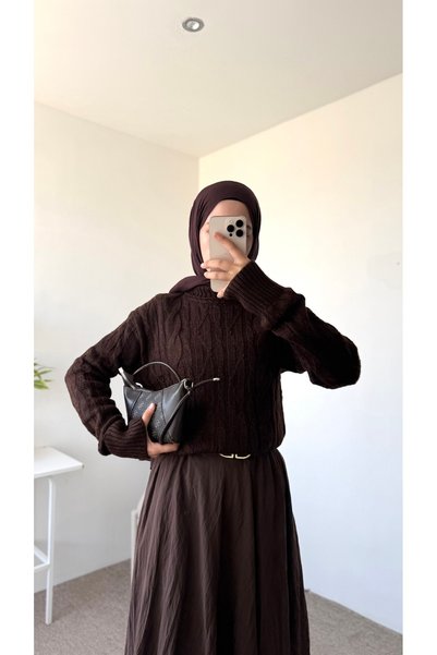 Hepsi Moda تونيك مضفر طويل - بني غامق