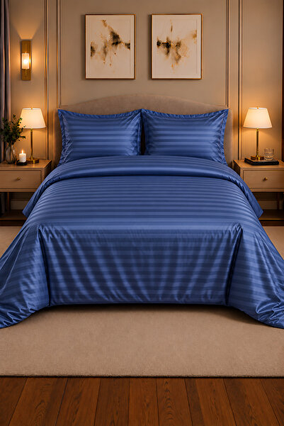 remtex 100% Cotton Satin Striped Indigo Double Duvet Cover Set (83 Thread-125 Gsm)