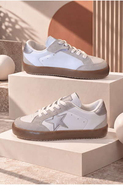 Tonny Black Unisex Beyaz Gümüş Termo Taban Rahat Kalıp Bağcıklı Sneaker