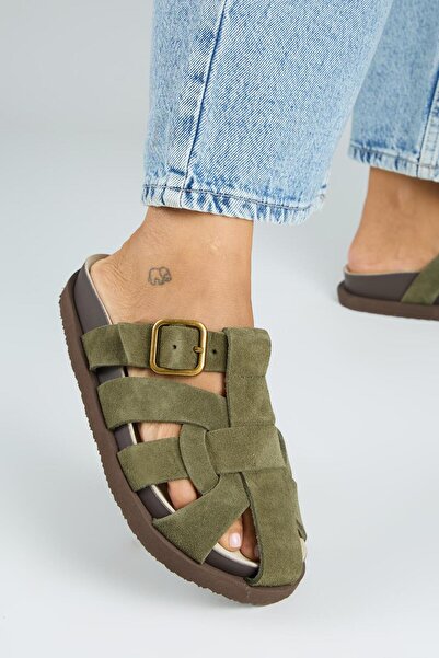 Manijero Benito Women's Leather Genuine Leather Buckle Caged Khaki Slippers