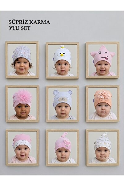 neocotton Cotton 3 Pieces 0-6 Months Surprise Mixed Combed Cotton Baby Beanie