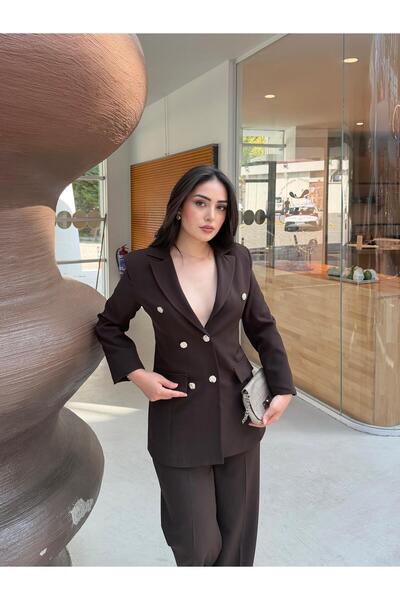 ELYOS STYLE GOLD DÜĞME DETAYLI BLAZER ASTARLI CEKETLİ ESNEK KUMAŞLI PANTOLONLU ŞIK KADIN TAKIM MEZUNİYET DÜĞÜN BALO VB