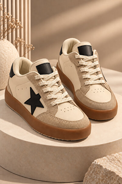 Tonny Black Unisex Bej Kahve Termo Taban Rahat Kalıp Bağcıklı Sneaker