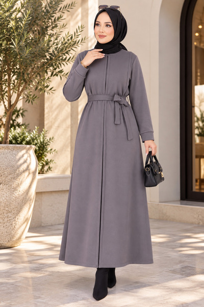 ASTEMİA Women's Belted Oysho Fabric Long Hijab Dress Sb0068