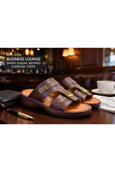 Huanhuan Shoe صنادل رجالية جديدة من الجلد الطبيعي، نعل سميك مضاد للانزلاق، شر...