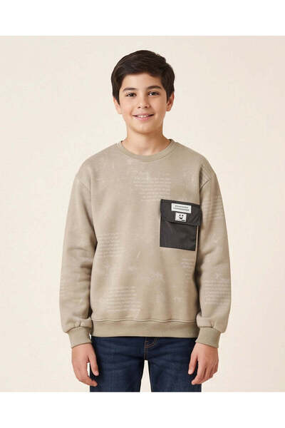 REDTAG Senior Boys Taupe Round Neck Sweatshirt