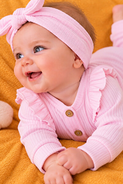 Rocha Baby Ruffle Detailed Wooden Buttoned Corduroy Baby Romper and Headband Set