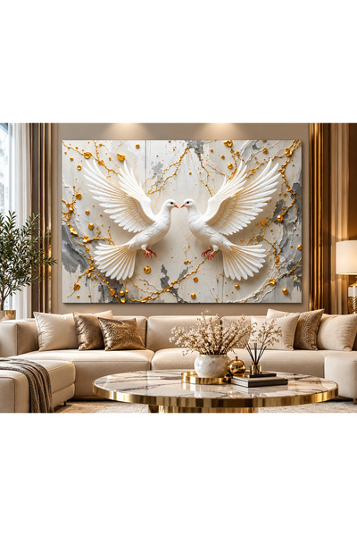 3D Kabartmalı Gold Detaylı Beyaz Güvercinler Tablosu – Mermer Desenli Lüks Duvar Dekoru