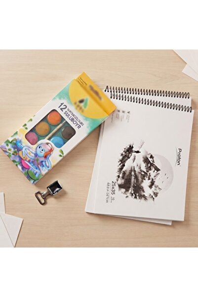 Proton 2 Pieces of 25X35 cm Spiral-Bound Drawing Notebooks and a 12-Piece Wat...