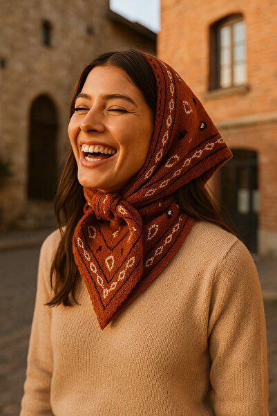 Axesoire S055 Turuncu Şal Desenli Üçgen Şal 103x38 cm
