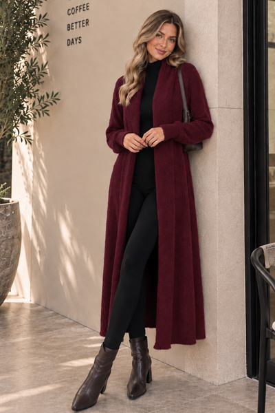 benguen Sakallı Triko Uzun Hırka N3372 Bordo