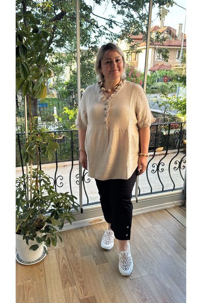Celile Butik Kadın Büyük Beden %100 Pamuk Müslin Kumaş Salaş Bluz