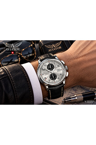 AVIATOR Brand V.2.45.0.411.4 Navy Blue Leather Strap 45 mm Chronograph Men's ...