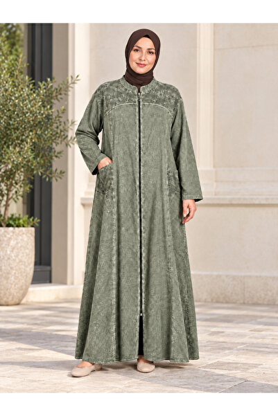 MARWARİ OTANTİK BUTİK Women's Ferace Zippered Washed Cotton Fabric Double Poc...