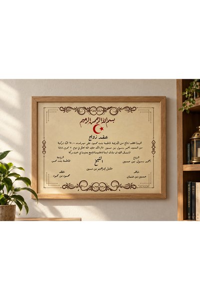 ÇERÇEVELİ NİKAH SÖZLEŞMESİ KİŞİYE ÖZEL ARAPÇA - NİKAH AKDİ 32X45 NATURAL ÇERÇEVELİ