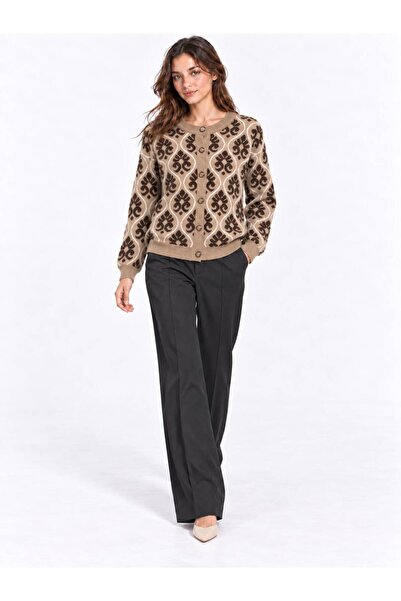 Sfg Life Moda Women's Ethnic Patterned Gold Buttoned Crew Neck Knitwear Cardigan