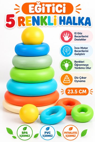 NeoThings Eğitici Renkli Halka Dizme Oyuncağı 23,5 cm – 5 Renkli Montessori B...