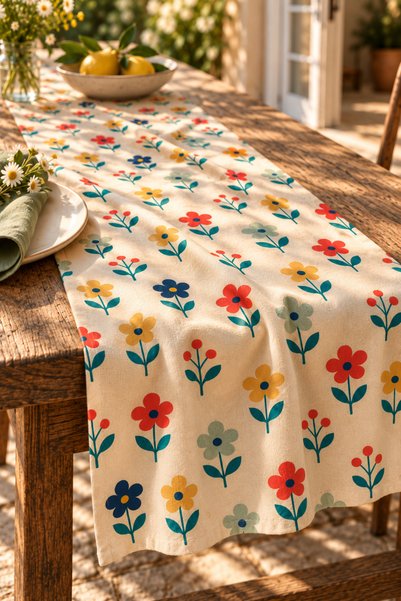 SasoHome Happy Folk | Renkli Retro Çiçek Desenli Dekoratif Masa Runner | Retro & Şık Sofra Dekoru