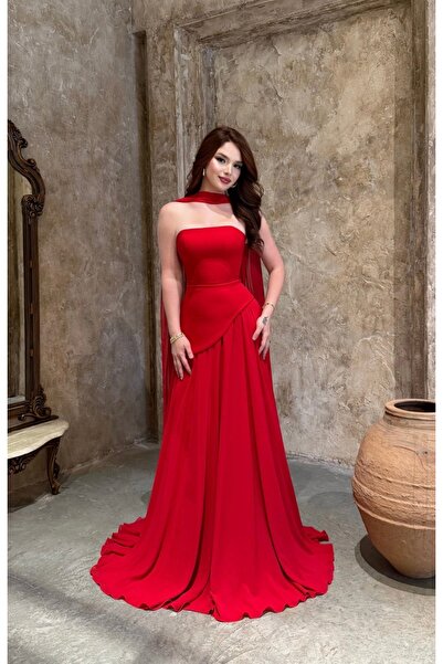 ayşenur Dinçer butik Luna Fularlı Şifon Abiye Kırmızı