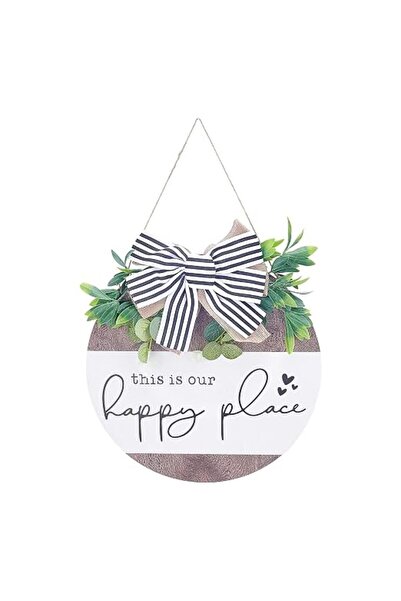 Bukela Word Happy Place Bowknot Welcome Sign Flat Round Natural Wooden Doorpl...