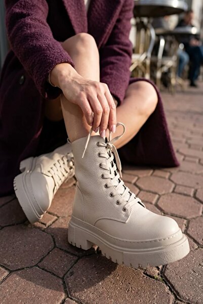 DİVOLYA Catty Beige Leather (5 cm Sole) Zippered Lace-Up Thick Soled Women's ...