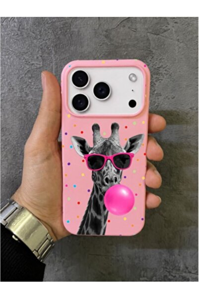 ALYACEPSTORE CASE iPhone 17 Pro Max Compatible Pink Case with Glasses and Giraffe Pattern Blowing Bubbles