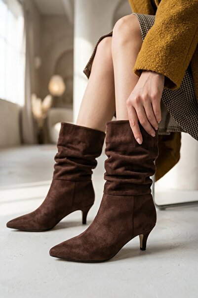 DİVOLYA Sophia Short Brown Suede Bellows Boots (7 cm Heel) Pull-On Casual Wom...