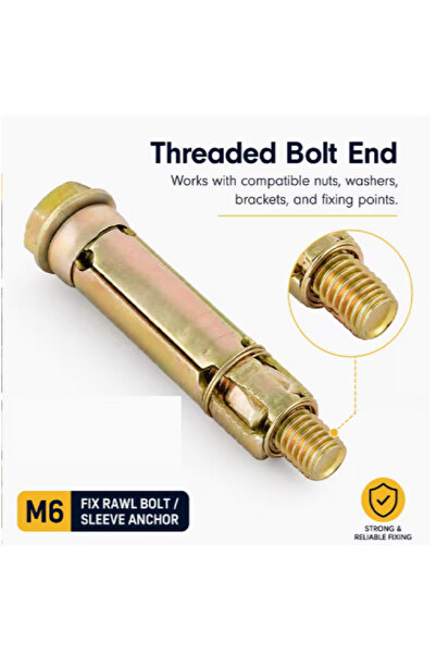 Generic Brand M6 Fix Rawl Bolt Gold Anchor, 100 Piece Box, Heavy Duty Expansion Bolt For Concrete, Brick, Wall Fixing, Construction & DIY Installation