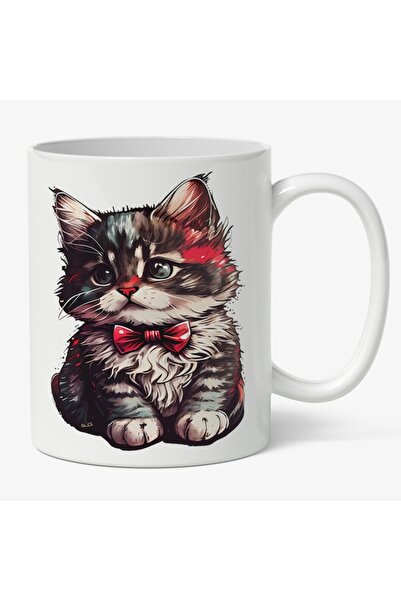 INOVATIX Cana alba personalizata,Mica Pufoasa Cu Papion Rosu,Desene Animate,A...
