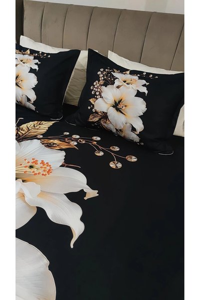 AYBERK HOME TEXTİLE White Pearl 5D Printed Cotton Double Duvet Cover Set with 6 Pieces of Fitted Sheets