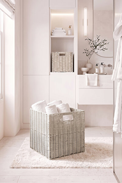 Ocean Home Textile Yıkanabilir Gri PP Rattan Dolap İçi Çamaşır Çocuk Odası Oyuncak Düzenleyici Saklama Sepeti Organizer 33x33x33