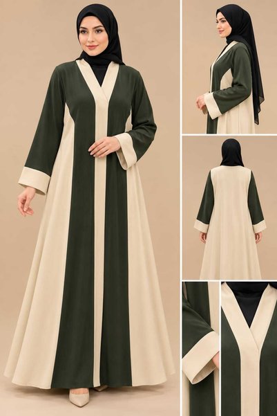 M&O 2 Elegant Olive Green Abaya with a Modern Design That Combines Luxury and Simplicity, Featuring a Loose and Flowy Fit for a Modest and Classy Look.
