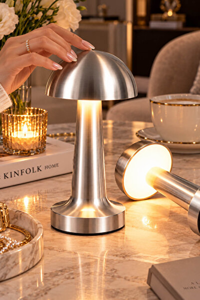 Şarjlı Dokunmatik Led Mantar Masa Lambası Mantar Masa Lambası Silver Gümüş