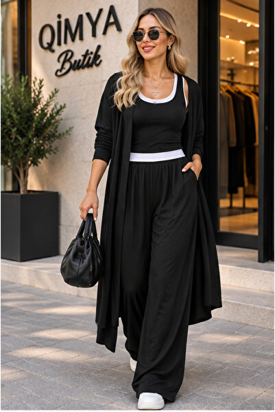 QİMYA BUTİK Buketli̇ Women's Long Hooded Cardigan, Loose Trousers, Double Und...