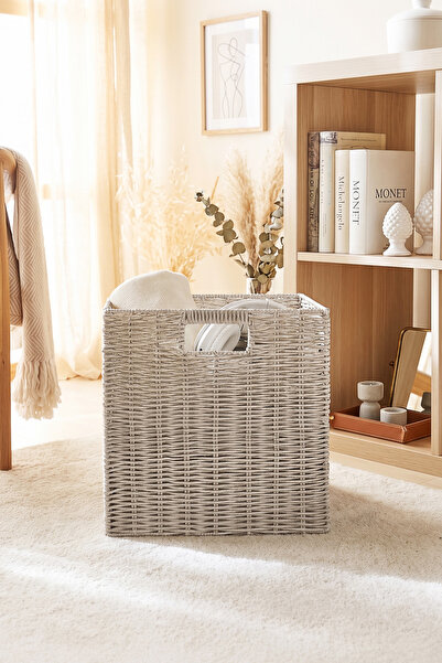 Ocean Home Textile Yıkanabilir Gri PP Rattan Dolap İçi Çamaşır Çocuk Odası Oyuncak Düzenleyici Saklama Sepeti Organizer 33x33x33