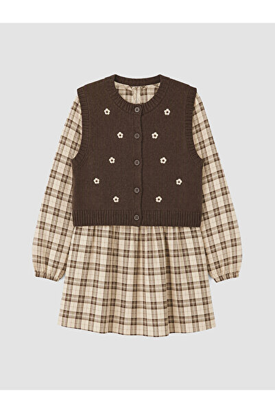 LC Waikiki Alita City Lcw Kids Brown Girls' Plaid Dress and Vest Set with a D...