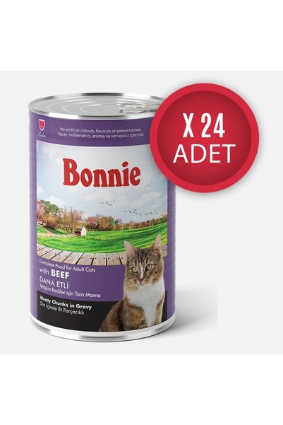 Bonnie Biftekli Sos Içinde Et Parçacıklı Yetişkin Kedi Konserve Yaş Mama 400 gr x 24 Adet