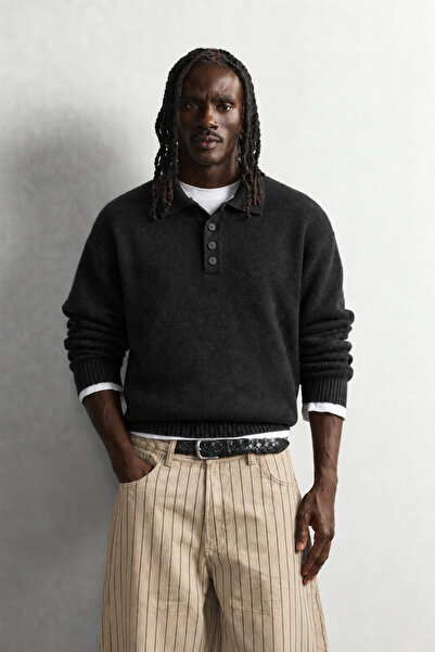 king brich Men's Polo Collar Buttoned Oversize Wool Blend Knitwear Sweater