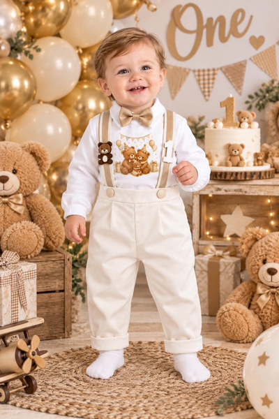Feriatolye Cream Gold Detailed Teddy Bear Concept Birthday Pants Overalls Lon...