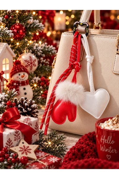 Kesene Charm Bag Ornament with Cute White Heart and Furry Glove Figure, Plush Detailed Bag & Key Accessory