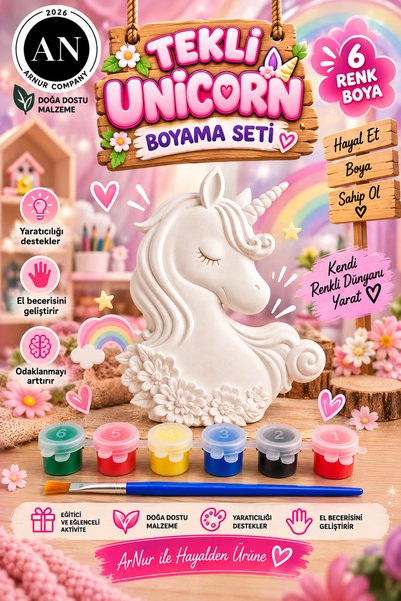Genel Markalar ArNur Tekli Unicorn Boyama Seti | 6 Renk Akrilik Boya ve Fırça...