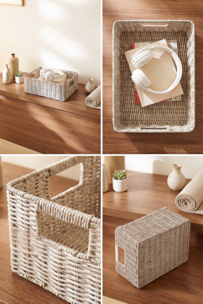 Ocean Home Textile Yıkanabilir Gri PP Rattan Dolap İçi Çamaşır Çocuk Odası Oyuncak Düzenleyici Saklama Sepeti Organizer 36x26x12