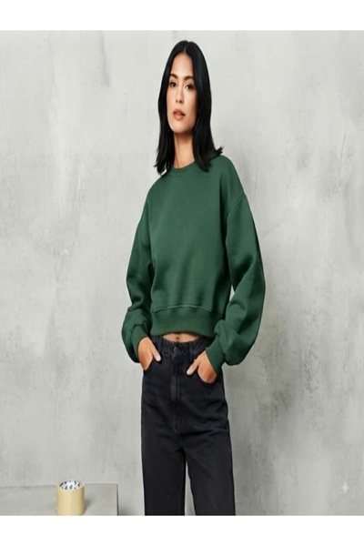S&B MODA Kadın Göbek Açık Oversize Crop 3 İplik Compact Kumaş Kaliteli Rahat Kesim